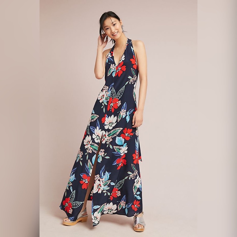 Anthropologie New Yumi Kimi Silk Hibiscus halter Maxi Dress, Sz XS, lined